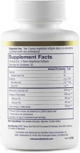 Miniatura 7 de Paradise Herbs Omega-Sure, concentrado de omega-3, aceite de pescado premium, DHA, EPA, vegano, sin OMG, sin gluten, 60 cápsulas blandas vegetarianas