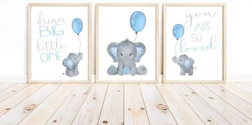 Miniatura 2 de Juego de 3 impresiones artísticas de acuarela para bebé, niño, elefante, guardería, sin marco, en azul y gris, Dream Big Little One, You Are So Loved