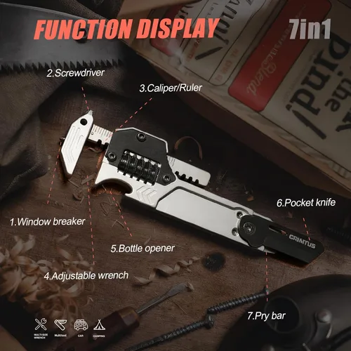 Miniatura 2 de Herramienta multiusos EDC Gear Multitool 7 en 1 con llave, abridor de botellas, rompecristales de ventana de coche, barra de palanca, destornillador