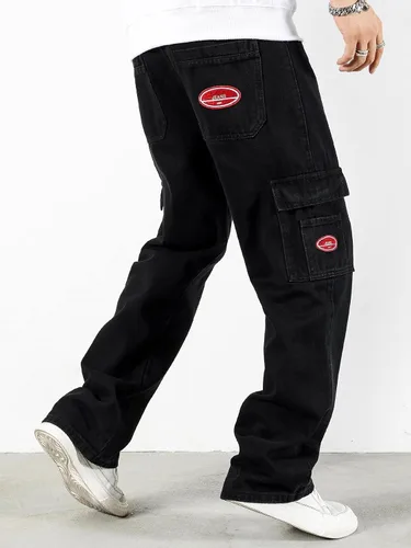 Miniatura 2 de OYOANGLE Pantalones de mezclilla holgados para hombre pierna recta con solapa bolsillo