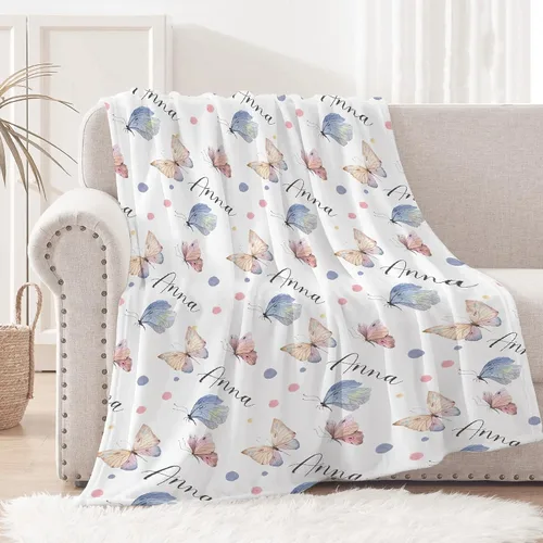 Miniatura 6 de Manta personalizada con nombre de bebé con diseño de mariposa, franela suave, mullida y cálida, manta ligera para sofá, cama, oficina, campamento
