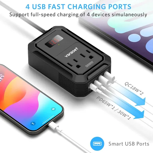 Miniatura 6 de Inversor de energía para automóvil de 200W CC 12V a 110V CA con PD 65W/30W USB C y 2 puertos USB QC 18W y 2 salidas CA, adaptador de enchufe