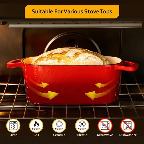 Miniatura 4 de Velaze 3.6QT Horno holandés para hornear pan, olla ovalada de hierro fundido esmaltada con tapa y asas desplazadas, apta para horno hasta 500°F