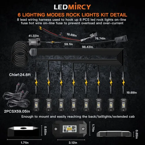 Miniatura 6 de LEDMIRCY Switchback Kit de Luces LED para Rocas Blanco/Ámbar Estroboscópicas con Arnés de Cableado 8 Módulos 6 Modos Función de Reinicio Función