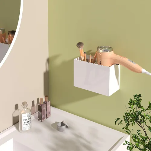 Miniatura 7 de Organizador de herramientas para el cabello, soporte para secadora de pelo de montaje en pared con 2 tazas, diseño festoneado, organizador