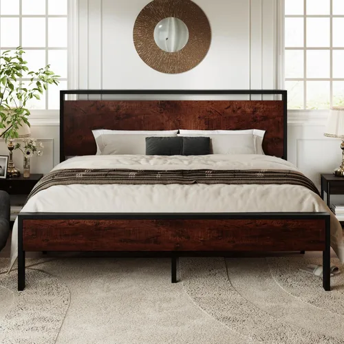Miniatura 15 de Allewie Base de cama de plataforma tamaño Queen con cabecera y estribo de madera, soporte de 12 listones de metal resistente, no necesita somier