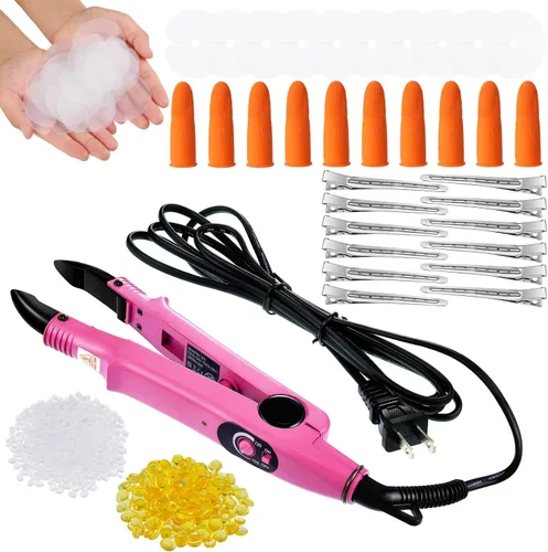 Miniatura 9 de Kit de extensión de cabello de queratina: plancha térmica, gránulos de pegamento de queratina, plantillas protectoras, pinzas para el cabello y Negro
