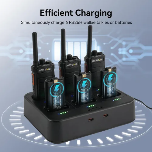 Miniatura 5 de Retevis RB26H Walkie Talkies de largo alcance con auricular, radio de 2 vías con cargador de 6 vías, pantalla oculta, 21 horas, NOAA, capacidad