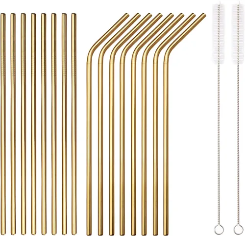 Miniatura 8 de 18 popotes de acero inoxidable de cobre, popotes reutilizables de oro rosa de 8.5 pulgadas, con bolsa portátil (8 rectos/8 doblados/2 cepillos)