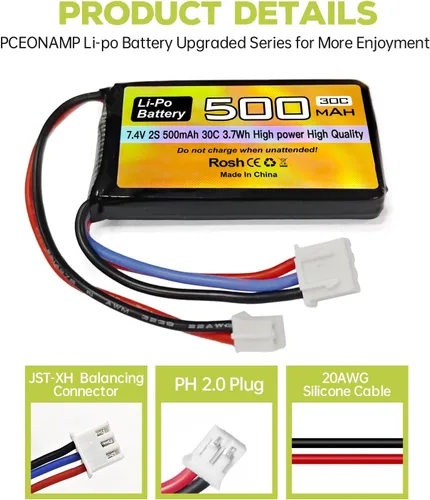 Miniatura 4 de Batería Lipo de 7.4 V, 500 mAh, 30 C, batería de drones con enchufe PH2.0 para modelos de automóvil AX24 SCX24 RC compatibles con la mayoría
