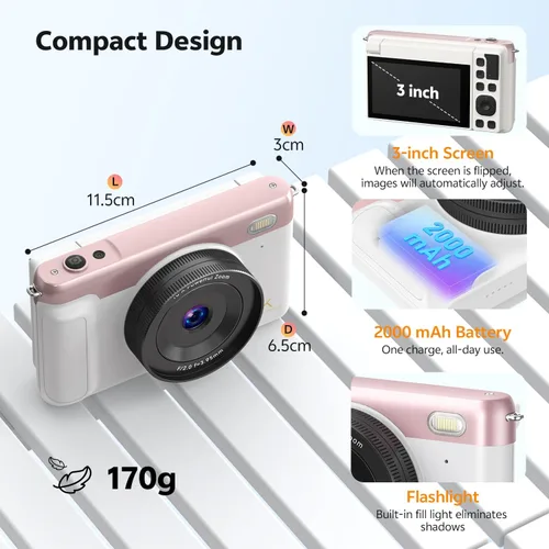 Miniatura 6 de Cámara digital 4K con pantalla abatible, rosa, cámara compacta para fotografía Auto Focus, Built-in WiFi, 16x Digital Zoom, 2500mAh Battery, 32GB