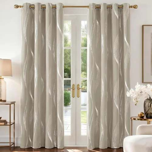Deconovo Beige Blackout Curtains 42" W x 45" L - Silver Wave Foil Print Thermal Insulated Grommet Curtain Panels for Bedroom, Set of 2 (6 Grommets)