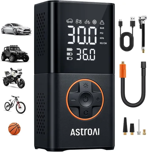 AstroAI Inflador de neumáticos L7, compresor de aire portátil inalámbrico, paquete de 2 bombas de bicicleta con pantalla digital de valores duales,