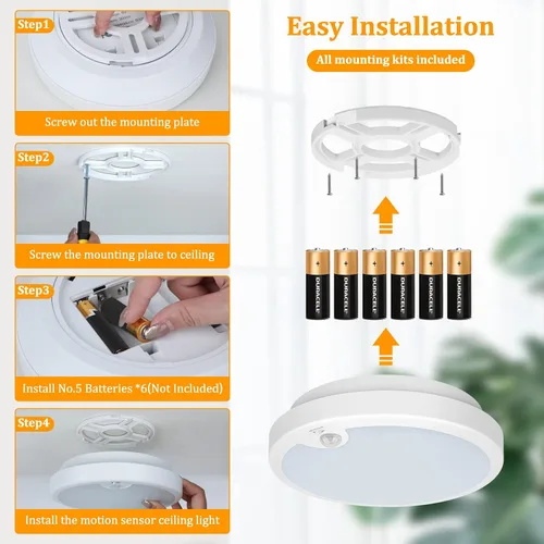 Miniatura 6 de Paquete de 2 luces de techo LED con sensor de movimiento operadas por batería para interiores, lámpara de montaje empotrado inalámbrica regulable