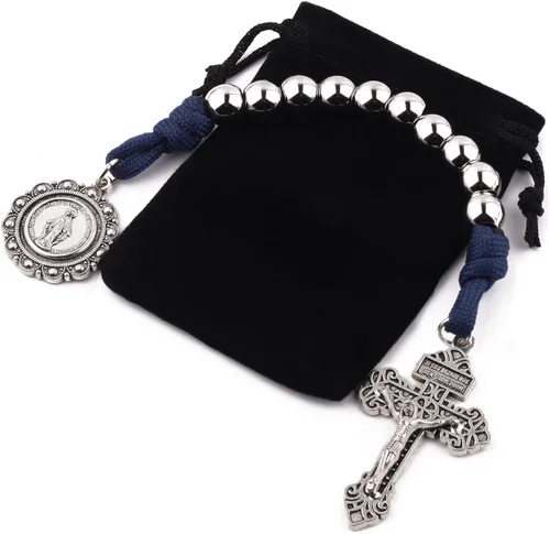 Miniatura 48 de Rosario de bolsillo estilo abierto una década de acero inoxidable rosario católico con crucifijo medalla de San Benito con bolsa de regalo