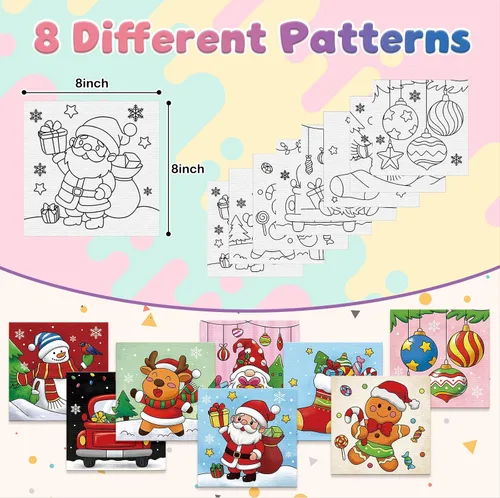 Miniatura 3 de Anseal 8 Paquetes Lienzos Predibujados de Navidad para Pintar, 8" X 8" Lienzo Preimpreso para Niños, Tableros de Pintura con Contorno Preestirado