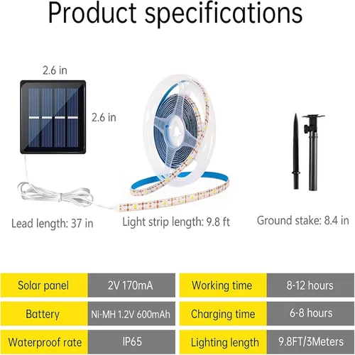 Miniatura 9 de Tira de luces LED solares para exteriores, impermeable, 10 pies, cinta cortable, iluminación de 3000 K, blanco cálido con 8 modos para valla