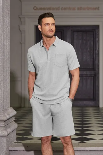 Miniatura 50 de COOFANDY Conjunto de camisa polo y pantalones cortos de punto gofre para hombre, conjunto de 2 piezas, traje de verano casual con bolsillos
