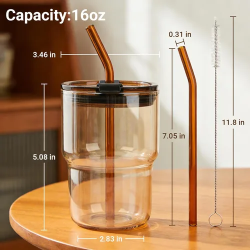Miniatura 5 de Luxfuel Vaso de vidrio de 16 onzas con tapa y popote, taza de café helado reutilizable y vaso para batidos, vidrio de borosilicato a prueba de fugas