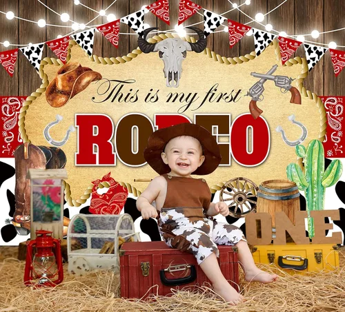 Miniatura 3 de This is My First Rodeo - Telón de fondo de madera de vaquero occidental, estampado de vaca, fondo de cumpleaños, decoración de fiesta de primer