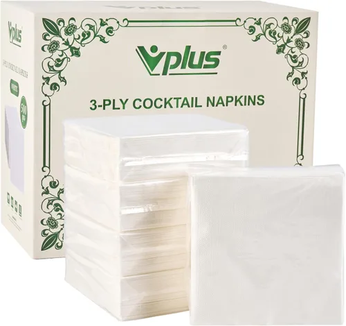 Vplus Paquete de 500 servilletas de cóctel de papel, servilletas de bebidas de 3 capas, servilletas cuadradas blancas desechables, perfectas para