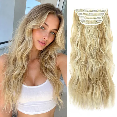 Miniatura 13 de Extensiones de cabello sintético con pinzas, largas y lacias, gruesas, extensiones de cabello natural de fibra de color rubio 613 de doble trama, 20