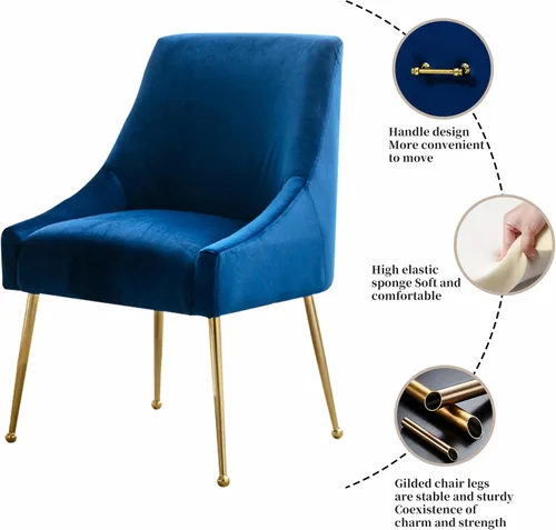 Miniatura 5 de Juego de 2 sillas de comedor modernas de terciopelo, colección de muebles tapizados contemporáneos con patas de metal dorado pulido, elegantes