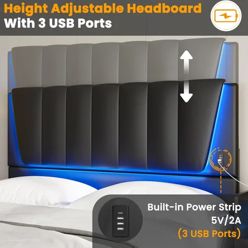 Miniatura 4 de AOGLLATI Base de cama Queen con cabecero y 4 cajones de almacenamiento, luz LED y 2 puertos USB, marco de cama LED tamaño Queen con soporte
