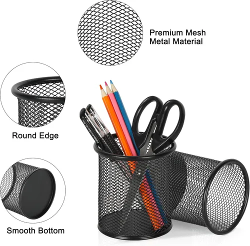 Miniatura 2 de EasyPAG Portalápices para escritorio, paquete de 2 organizadores de bolígrafos de metal, organizador de vasos de malla para el hogar, oficina, aula