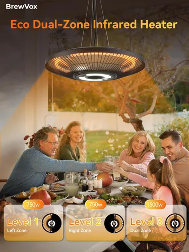 Miniatura 6 de Calentador colgante de patio exterior de carbono infrarrojo de 1500 W con luz nocturna LED, calidez instantánea, control remoto inteligente
