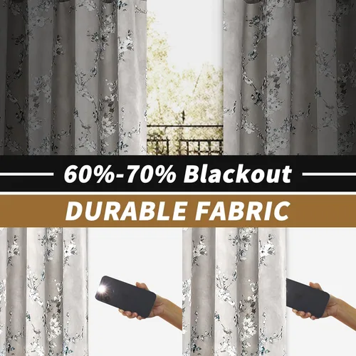 Miniatura 3 de DriftAway Cortinas florales grises para dormitorio, 63 pulgadas de largo, patrón estampado de ramas de flores azules y blancas, oscurecimiento