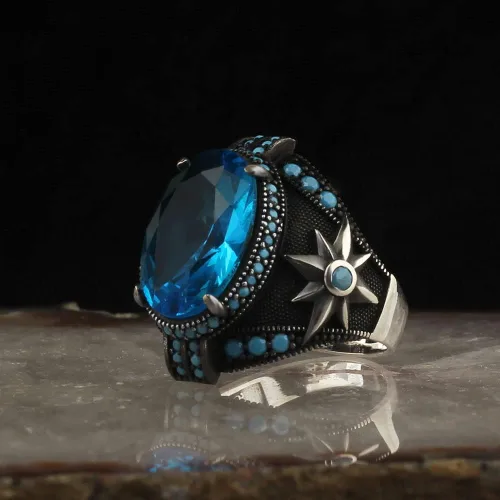 Miniatura 3 de Mens Ring Sterling Silver Aquamarine Stone Jewelry for Men Rings Signet Anillos para Hombre Turkish Rings Anillo de Plata Mens Gemstone Rings Man