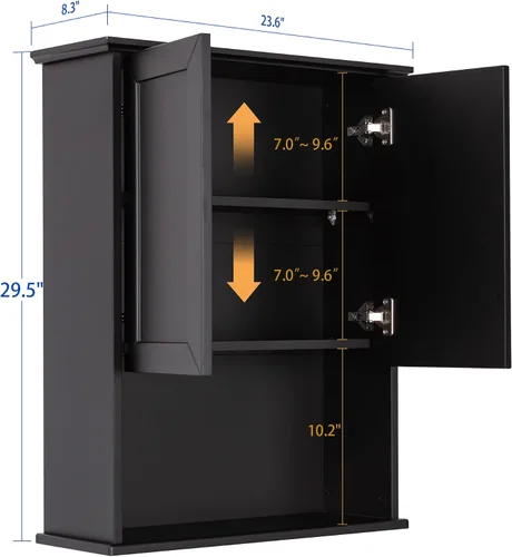 Miniatura 3 de VANIRROR Armario de pared de baño negro de 23 x 29 pulgadas, botiquín de madera con 2 puertas y estante ajustable, armario montado en la pared sobre