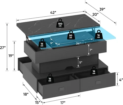 Miniatura 2 de Mesa de centro elevable de 40 pulgadas con luz LED, modernas mesas de centro grandes con almacenamiento y 4 cajones, mesa de centro de mesa