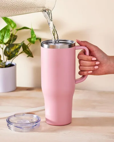 Miniatura 5 de Maars Charger - Taza de viaje aislada de 40 onzas con asa, vaso de acero inoxidable sellado al vacío de doble pared con popote y tapa, ónix blanco
