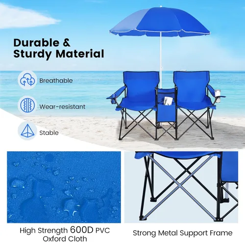 Miniatura 4 de Tangkula Sillas de campamento dobles con paraguas, silla de campamento plegable portátil de 2 asientos con bolsa enfriadora, soporte para bebidas