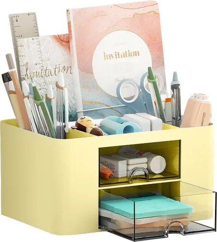 Miniatura 8 de Marbrasse Organizador de bolígrafos con 2 cajones, portaplumas multifuncional para escritorio, organizadores de escritorio y accesorios con 5