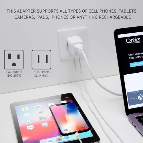 Miniatura 2 de Adaptador de viaje Ceptics, de EE. UU. a Japón, Filipinas, con doble USB, tipo A, ultra compacto Tipo J - Suiza