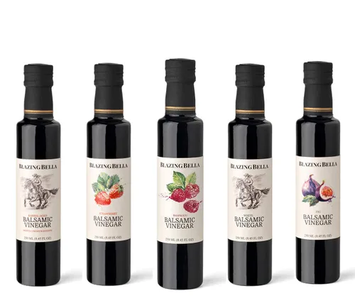 Conjunto de Variedad de Cinco Botellas de Vinagre Balsámico de Blazing Bella de 250 ML - Envejecido en Barril, Fresa, Frambuesa, Blanco y Higo