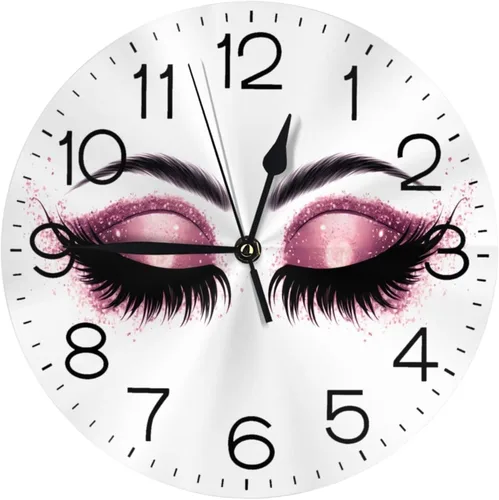 Reloj de pared redondo con pestañas moradas, silencioso, sin tictac, relojes decorativos de cuarzo que funcionan con pilas, relojes de escritorio