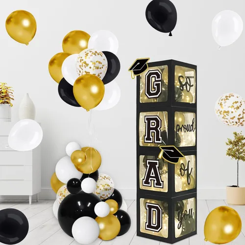 Miniatura 2 de DAZONGE Decoraciones de graduación 2026 negro y dorado – Juego de 4 cajas de graduación con 139 piezas de guirnalda de arco de globos y 4 cuerdas