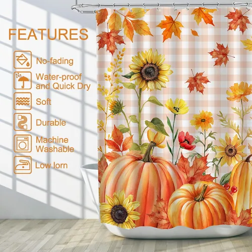 Miniatura 3 de Cortina de ducha de hojas de otoño, cortinas de calabazas de otoño para baño, cortina de baño de arce con búfalo naranja, cortina de baño