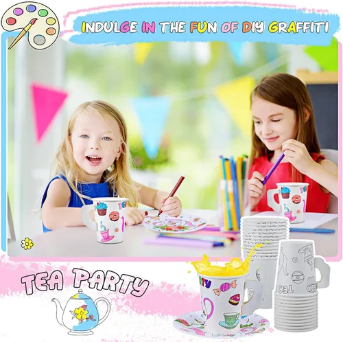 Miniatura 4 de Lenwen Juego de 48 tazas de fiesta de té con asa, tazas y platos de papel de 8 onzas para colorear tú mismo, tazas y platos para aperitivos, postres