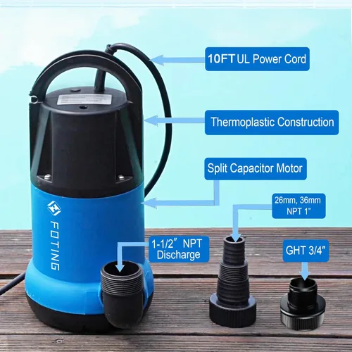 Miniatura 8 de FOTING Bomba de sumidero 1HP Bomba de agua sumergible limpia/sucia, 4600 GPH, bomba de agua termoplástica eléctrica de transferencia portátil