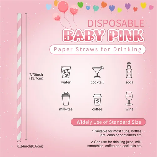 Miniatura 3 de PakTalk Paquete de 100 pajitas de papel rosa bebé para beber, desechables y biodegradables para cumpleaños, bodas, baby showers