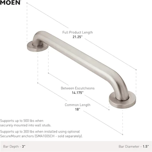 Miniatura 2 de Moen Home Care Barra de Agarre para Baño de Seguridad de 18 Pulgadas de Acero Inoxidable para Bañera y Ducha, Producto de Asistencia para Ancianos