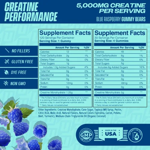 Miniatura 9 de Gomitas de monohidrato de creatina, 0.18 oz con fibra prebiótica para el crecimiento muscular y la fuerza, 30 porciones, frambuesa azul, probada