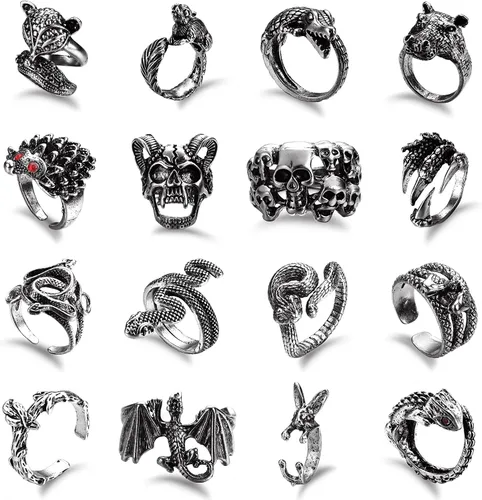 ORAZIO Juego de 16 anillos abiertos góticos para hombres y mujeres, estilo punk, ajustable, serpiente y garra de dragón, anillos de animales,
