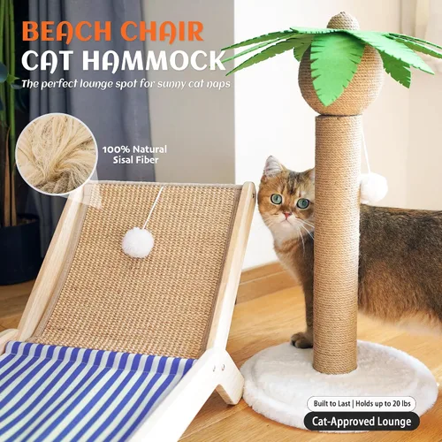 Miniatura 2 de PETKARAY Silla de playa para gatos, camas elevadas para gatos de interior, tumbona acogedora original con rascador de sisal y pelota de juguete Azul
