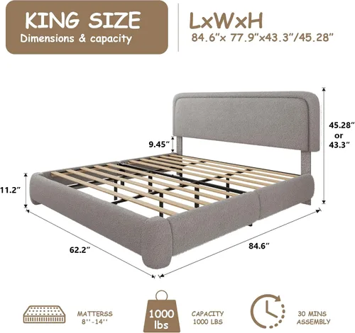 Miniatura 2 de Base de cama Boucle tamaño King, plataforma tapizada en nube con cabecero ajustable en altura y esquinas redondeadas suaves, no necesita somier, sin